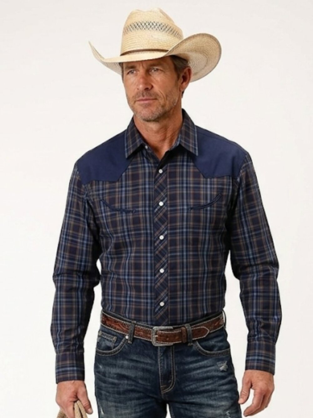Roper Mens Shirt Pearl Snap Plaid Western Cowboy Blue Unisex M NWT